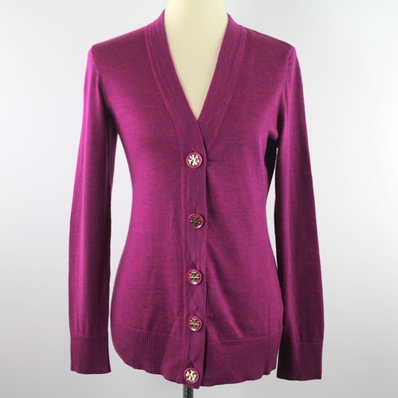 Tory Burch Simone Merino Wool Marled Purple Knit Button Front - Main Image